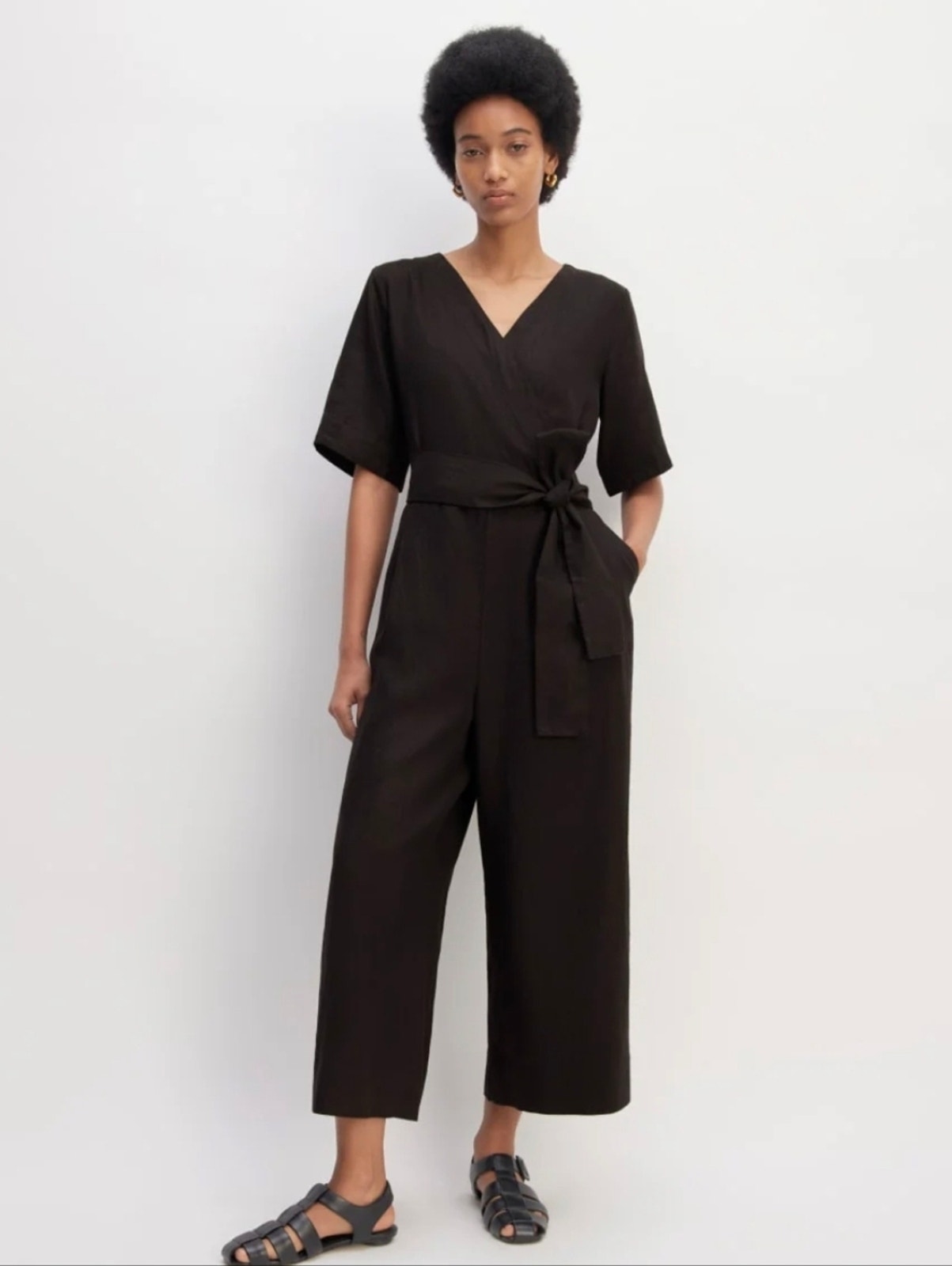 New Everlane The Wrap Linen Black Wrap-Front Wide-Leg Short Sleeve Jumpsuit 8